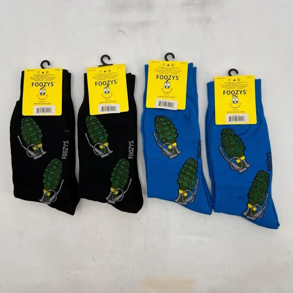 Foozys Socks Mens 6-12 Black Blue Crew Novelty Military Hand Grenade 4 Pairs